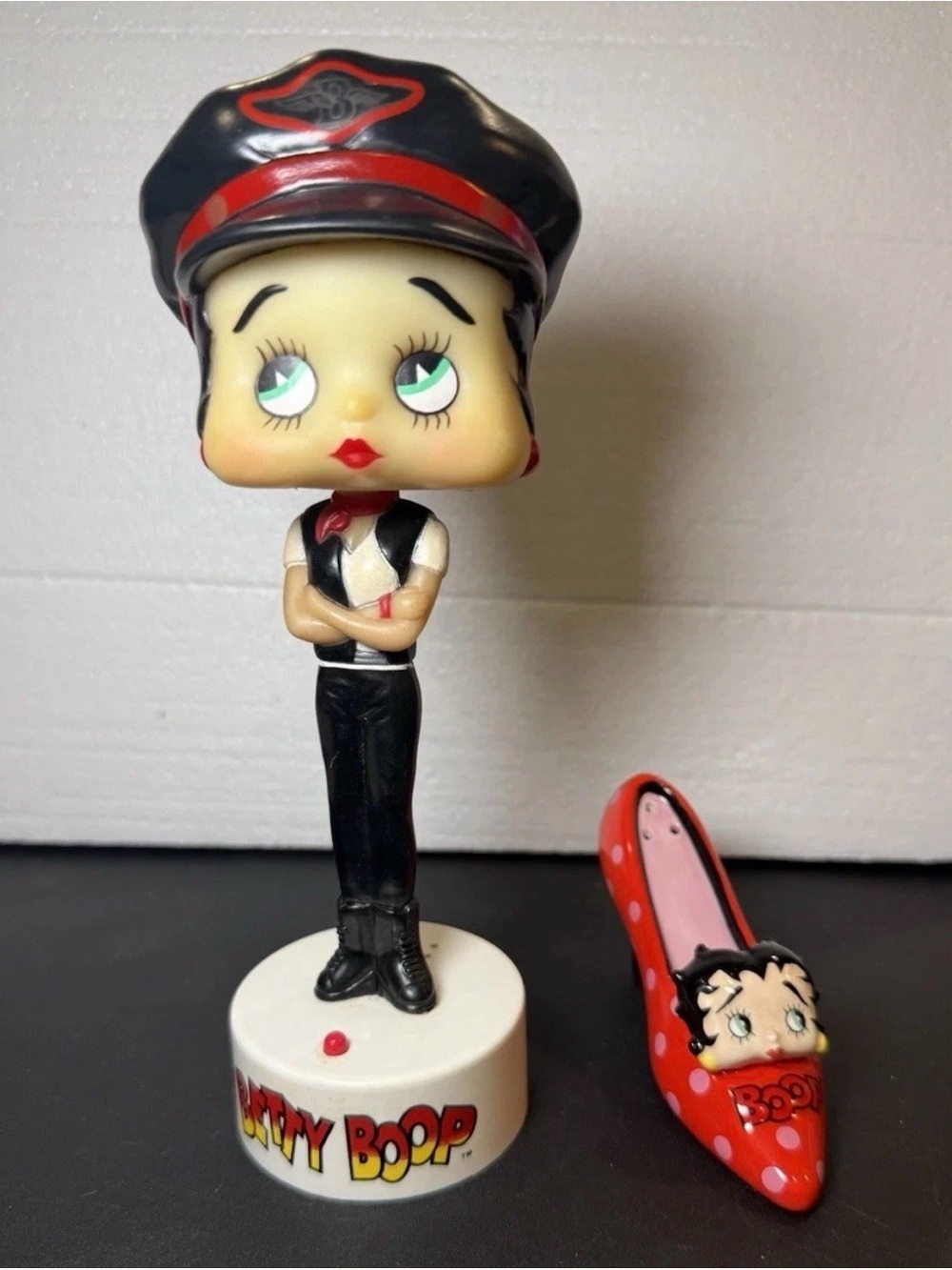 Betty Boop Lot Of 2 - 2003 Biker Girl Bobble Head Motorcycle & Shoe Salt Shaker